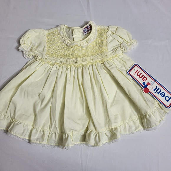 Vtg Petit Ami Baby Girl Dress 6 Months Yellow Smocked Floral Lace NOS - Picture 1 of 6